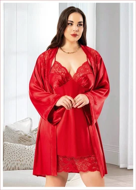 Miss Laris Sabahlıklı Battal Beden Kırmızı İkili Saten Takım Miss Laris 6017 - Alternatif Görünüm