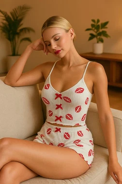 NightLight Öpücük Desenli İnce Askılı Şortlu Pijama Takım NightLight 3737 - Alternatif Görünüm