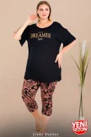 Omuz Dekolteli Büyük Beden Desenli Bisiklet Yaka Kısa Kollu Kapri Pijama Takımı Lady 10733 Siyah farklı açı