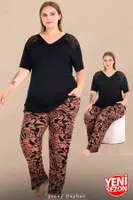 Omuzlar Dantelli V Yaka Kısa Kollu Büyük Beden Desenli Pijama Takımı Lady 11017  Siyah