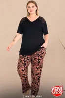 Omuzlar Dantelli V Yaka Kısa Kollu Büyük Beden Desenli Pijama Takımı Lady 11017  Siyah detay görünüm