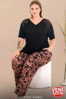 Omuzlar Dantelli V Yaka Kısa Kollu Büyük Beden Desenli Pijama Takımı Lady 11017  Siyah farklı açı