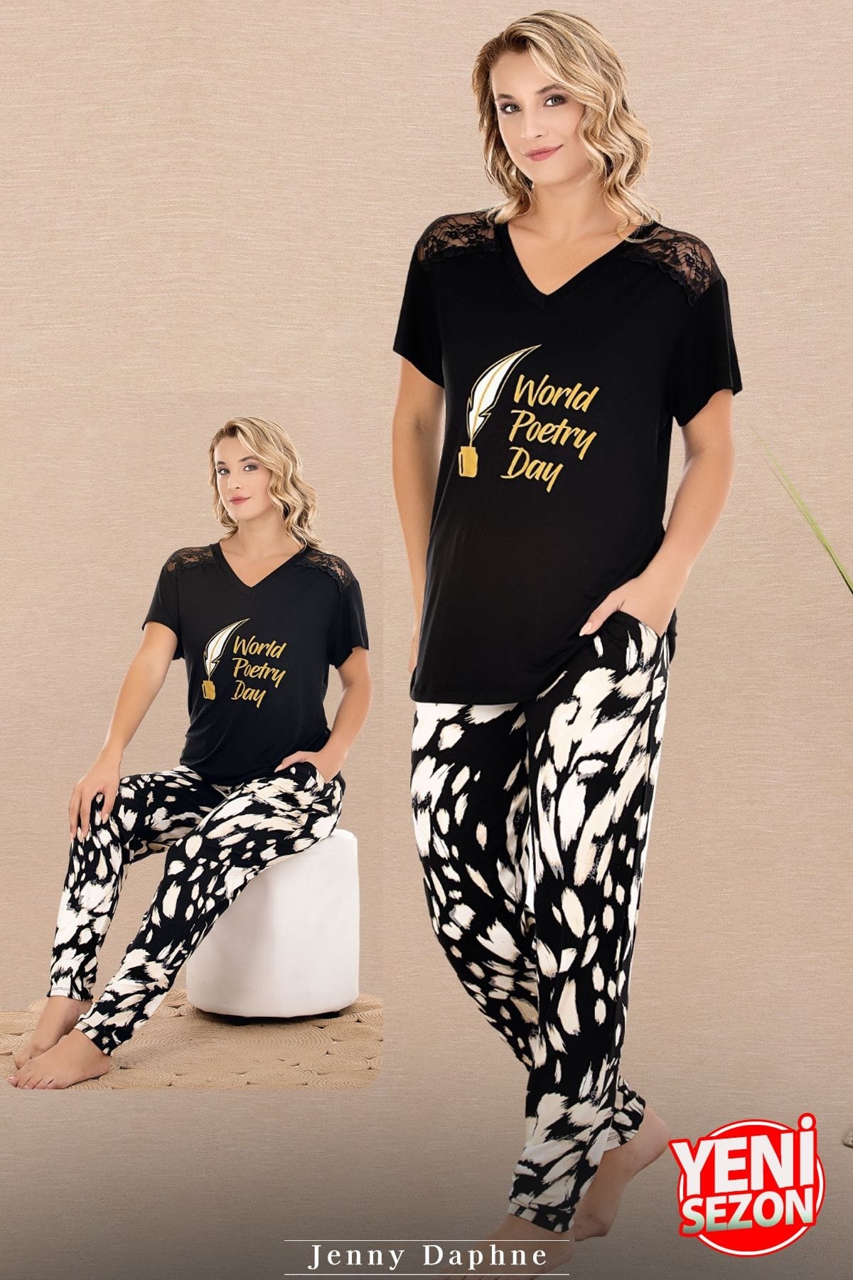 Omuzlar Dantelli V Yaka Kısa Kollu Pijama Takımı Lady 12589