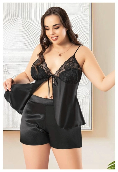 Önden Bağlamalı Büyük Beden İnce Askılı Saten Şort Pijama Takım Miss Laris 4241