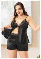 Önden Bağlamalı Büyük Beden İnce Askılı Saten Şort Pijama Takım Miss Laris 4241 Siyah