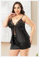 Önden Bağlamalı Büyük Beden İnce Askılı Saten Şort Pijama Takım Miss Laris 4241 Siyah detay görünüm