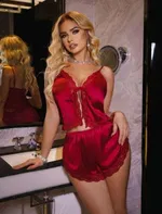 Önden Bağlamalı Dantelli İnce Askılı Saten Fantazi Mini Şort Takım Real Passione 1119 Kırmızı