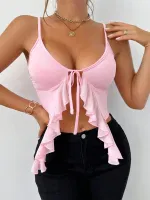 Önden Yırtmaçlı İnce Askılı Fırfırlı Büstiyer Ruselin 5090 Pembe
