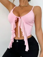 Önden Yırtmaçlı İnce Askılı Fırfırlı Büstiyer Ruselin 5090 Pembe görsel 5