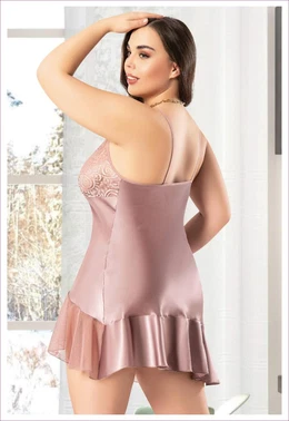 Miss Laris Önü Transparan Asimetrik Kesim Saten Büyük Beden Gecelik Miss Laris 4046 - Alternatif Görünüm