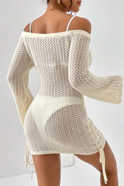 Angelsin Örme Yanlardan Büzgülü Uzun Kollu Plaj Elbisesi Pareo Angelsin MS 4379 Bej - Alternatif Görünüm