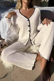 Merry See Özel Örme Kumaş Düğmeli Uzun Kollu Pijama Takımı Merry See  MS 4087 Beyaz