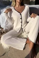 Özel Örme Kumaş Düğmeli Uzun Kollu Pijama Takımı Merry See  MS 4087 Beyaz Beyaz