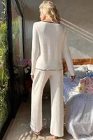Özel Örme Kumaş Düğmeli Uzun Kollu Pijama Takımı Merry See  MS 4087 Beyaz Beyaz detay görünüm