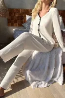 Özel Örme Kumaş Düğmeli Uzun Kollu Pijama Takımı Merry See  MS 4087 Beyaz Beyaz görsel 4