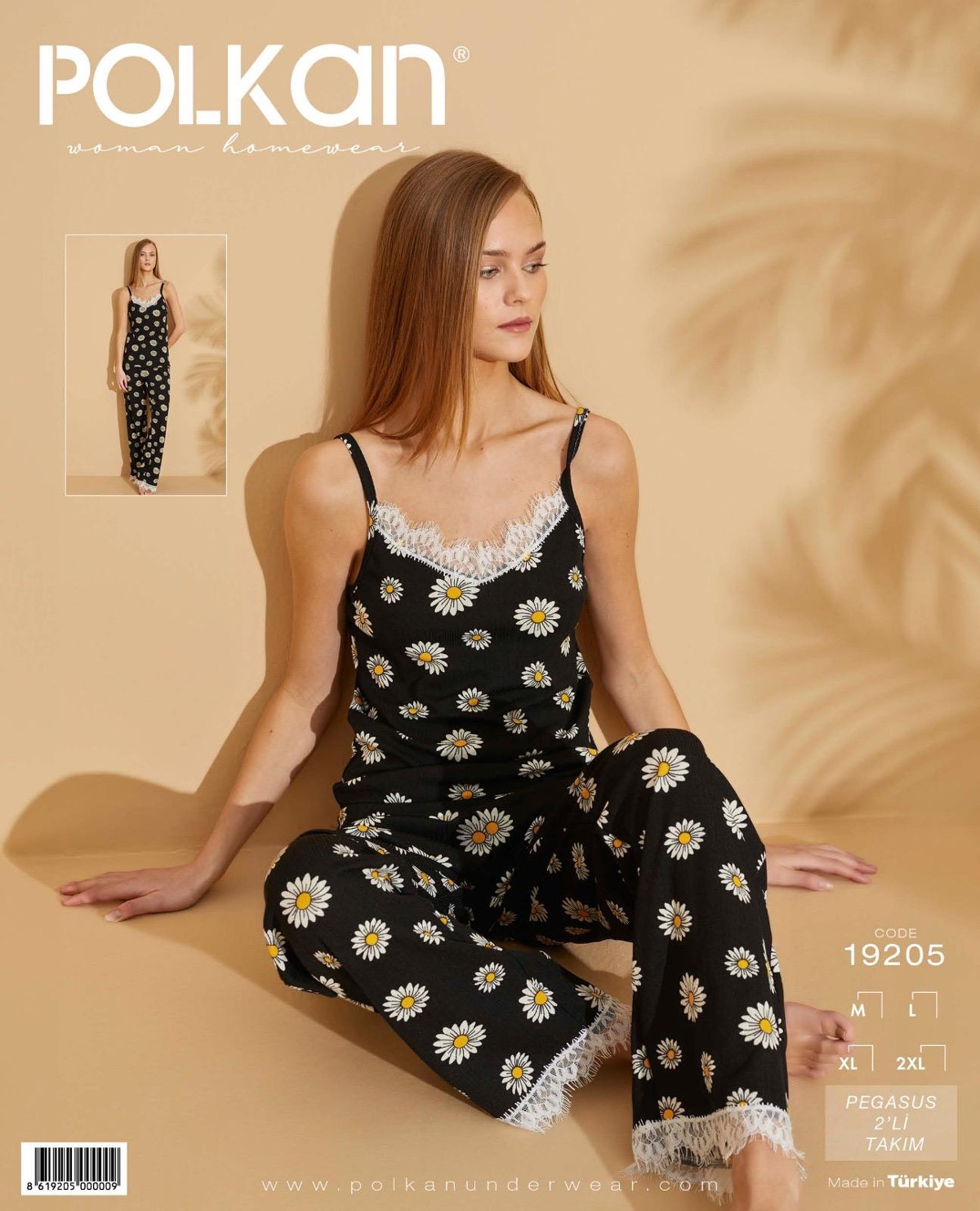 Polkan Papatyalı Siyah Askılı Pegasus Pijama Takım Polkan 19205 | icgiyimozel.com
