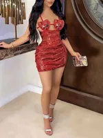 Payetli Kalp Tasarımlı Seksi Kulüp Midi Elbise Pink Night 1199 Kırmızı
