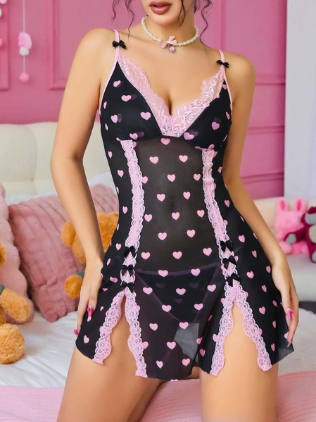 Pembe Kalp Desenli Dantel Kenarlı Transparan Fantezi Gecelik Lily Bianca LB-180