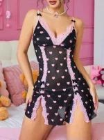 Pembe Kalp Desenli Dantel Kenarlı Transparan Fantezi Gecelik Lily Bianca LB-180 Siyah
