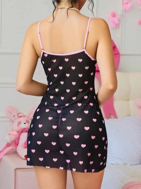 Lily Bianca Pembe Kalp Desenli Dantel Kenarlı Transparan Erotik Gecelik Lily Bianca LB-180 - Alternatif Görünüm