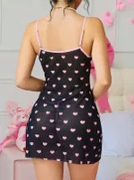 Pembe Kalp Desenli Dantel Kenarlı Transparan Fantezi Gecelik Lily Bianca LB-180 Siyah detay görünüm