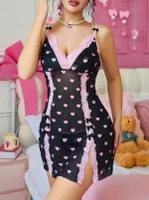 Pembe Kalp Desenli Dantel Kenarlı Transparan Fantezi Gecelik Lily Bianca LB-180 Siyah farklı açı