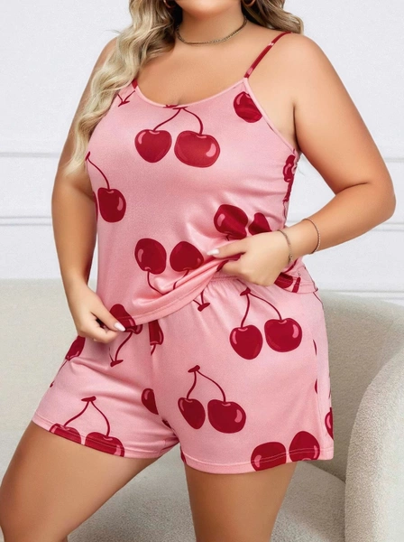 Büyük Beden Pembe Kiraz Askılı Şort Pijama Takım Lily Bianca 13074