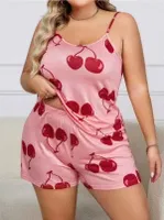 Büyük Beden Pembe Kiraz Askılı Şort Pijama Takım Lily Bianca 13074 Pembe detay görünüm