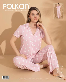 Polkan Pembe Viskon Puantiyeli Gömlek Kısa Kollu Pijama Takım Polkan 19022