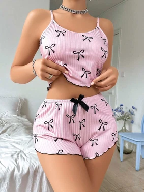 Lily Bianca Kurdela Desenli Pembe Yazlık Şort Pijama Takım Lily Bianca 13095