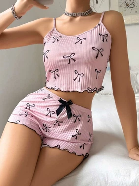 Lily Bianca Kurdela Desenli Pembe Yazlık Şort Pijama Takım Lily Bianca 13095 - Alternatif Görünüm