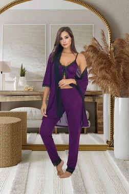 İzabel Mor Dantelli Kadın Pijama Sabahlık Takımı SB-5012 - Alternatif Görünüm