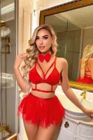 Pileli Kırmızı Sütyen Etek Gecelik Takım missisX 50136 Kırmızı