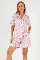 Pink Floral Kısa Kollu Kadın Şortlu Pijama Takım DoReMi 002-000085 Pembe