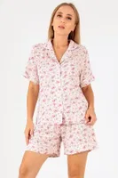 Pink Floral Kısa Kollu Kadın Şortlu Pijama Takım DoReMi 002-000085 Pembe görsel 4