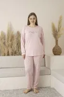 Puantiyeli Büyük Beden Yazlık Uzun Kollu Viskon Kadın Pijama Takımı Estiva 25145 Pembe