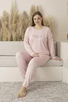 Puantiyeli Büyük Beden Yazlık Uzun Kollu Viskon Kadın Pijama Takımı Estiva 25145 Pembe görsel 4
