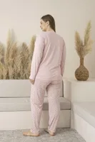 Puantiyeli Büyük Beden Yazlık Uzun Kollu Viskon Kadın Pijama Takımı Estiva 25145 Pembe görsel 5