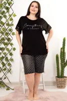 Puantiyeli Kısa Kol Dantel Detaylı Şortlu Büyük Beden Pijama Takımı Lady 10406 Siyah