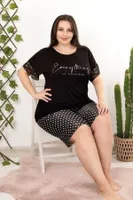 Puantiyeli Kısa Kol Dantel Detaylı Şortlu Büyük Beden Pijama Takımı Lady 10406 Siyah detay görünüm