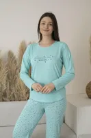 Puantiyeli Uzun Kollu Yazlık Viskon Kadın Pijama Takımı Estiva 25110 Yeşil detay görünüm