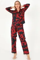 Red Flowers Uzun Kollu Kadın Pijama Takım DoReMi 002-000089 görsel 4
