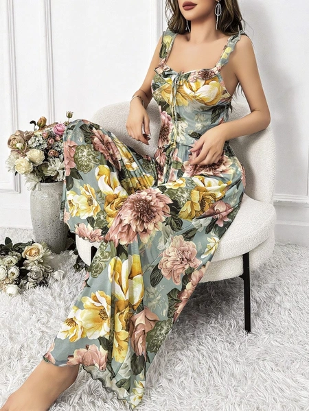 Sarı Çiçek Desenli Yeşil Askılı Bluz Pantolon Takım Pink Night 1453