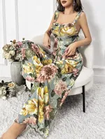 Sarı Çiçek Desenli Yeşil Askılı Bluz Pantolon Takım Pink Night 1453 Yeşil