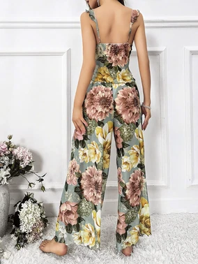 Pink Night Sarı Çiçek Desenli Yeşil Askılı Bluz Pantolon Takım Pink Night 1453 - Alternatif Görünüm