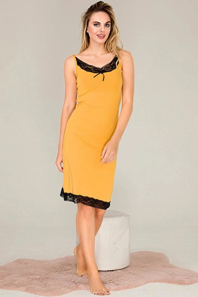 Sarı Kenarları Dantel İnce Askılı Kadın Tunik Gecelik Lady 5533