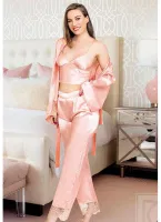 Saten Dantelli Büstiyer Sabahlık Pijama Takım Miss Laris 5033 Pudra detay görünüm