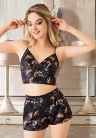 Saten Desenli İnce Askılı Büstiyer Şort Pijama Takım Miss Laris 3077 Siyah detay görünüm