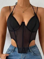 Balenli İnce Askılı Fantezi Kadın Body SHE 2003 Siyah görsel 4