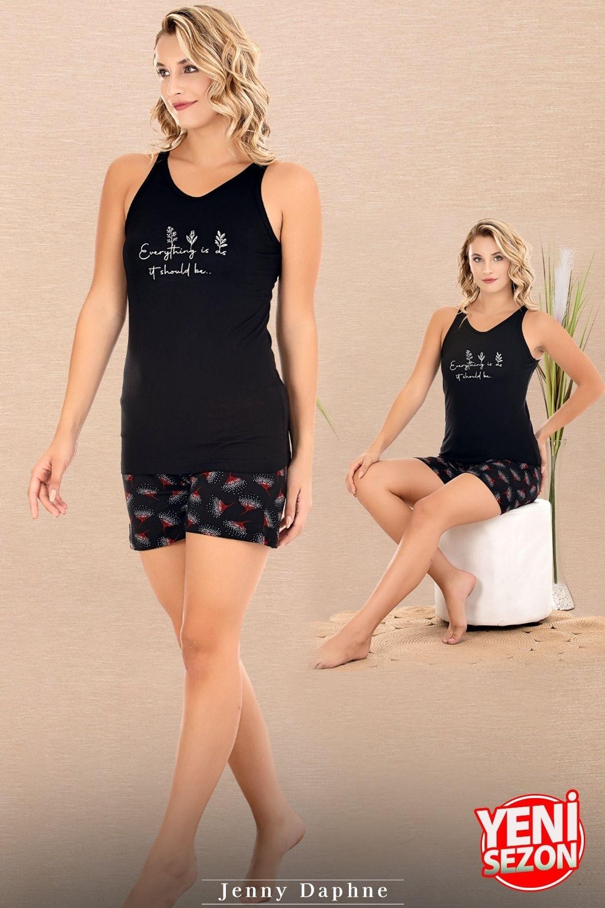 Sıfır Kollu Desenli Viskon Kumaş Şortlu Kadın Pijama Takımı Lady 7733